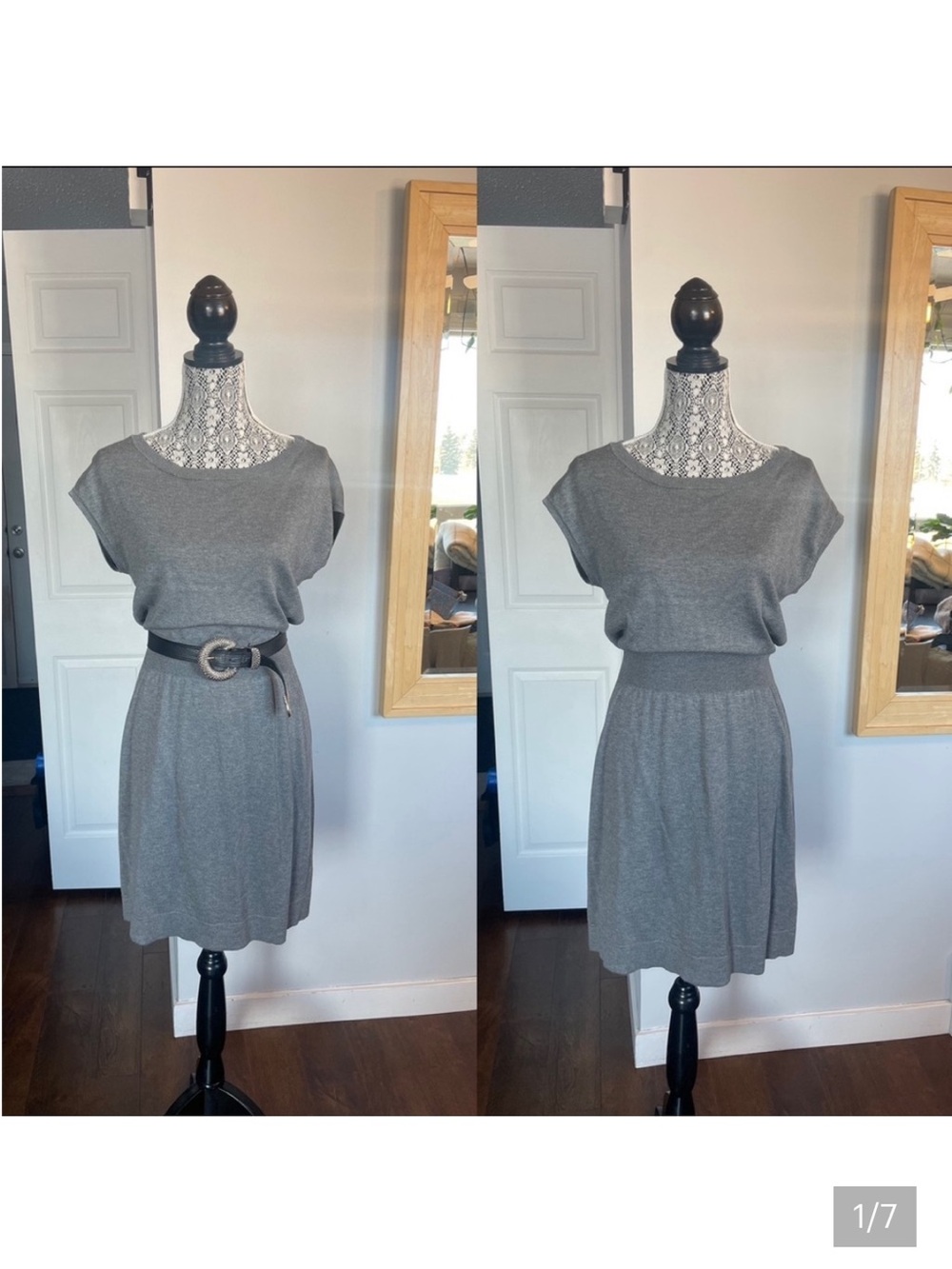 NWT L/XL Esprit Sweater Dress. Stretchy. Wear Belt To Cinch Waist. Grey.
